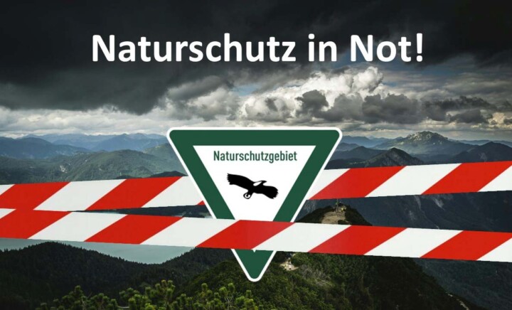 Das Key Visual der Kampagne. Zu sehen ist ein dreieckiges Naturschutzschild zwischen rot-weiß-gestreiftem Absperrband vor dunklen Wolken mit der Überschrift "Naturschutz in Not!". Foto: Digitize the Planet