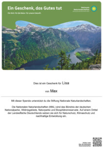Urkunde für eine Geschenkspende an die Nationalen Naturlandschaften mit einem Naturbild oben und dem Text darunter (Vorschau). © NNL